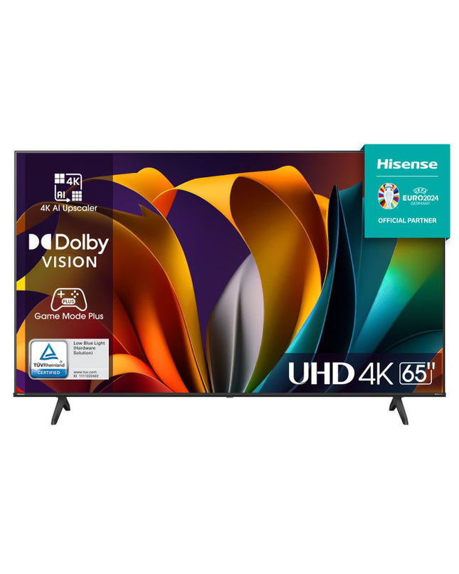 Hisense 65A6N 4K Ultra HD LED Smart TV displaying vibrant home screen with sleek black bezel and thin profile.