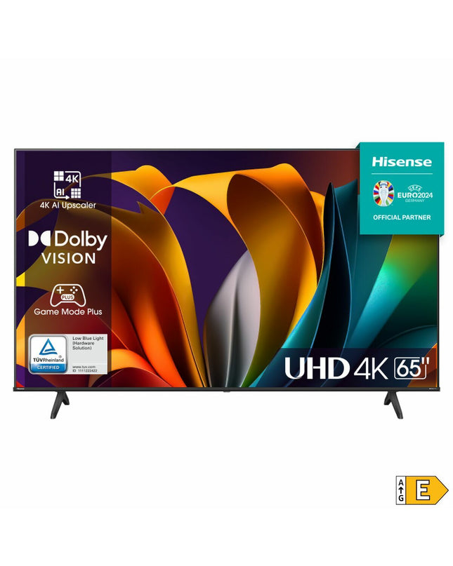 Hisense 65A6N 4K Ultra HD LED Smart TV displaying vibrant 4K images, with HDR technology and sleek black design.