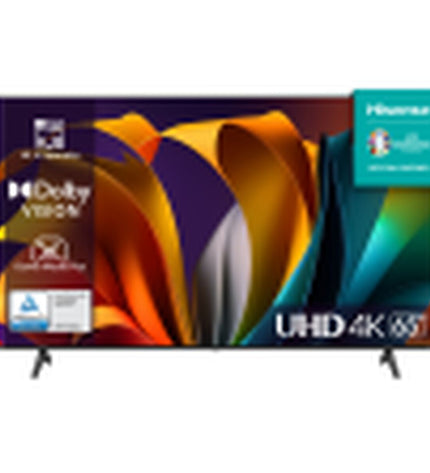 Hisense 65A6N 4K Ultra HD LED Smart TV with HDR, slim design, displaying colorful images on a modern living room setup.