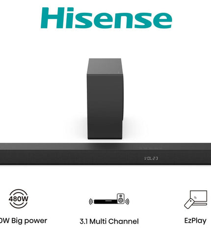 Hisense HS3100 480W black soundbar for TV audio and home theater, featuring sleek electronic design and high-power sound output.
