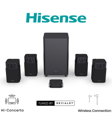 Hisense HT Saturn black soundbar for home audio and HiFi, featuring sleek electronic design and multiple connectivity options.