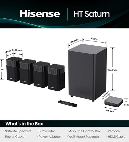 Hisense HT Saturn black soundbar with sleek design, electronic audio equipment for home theater or enhanced TV sound.