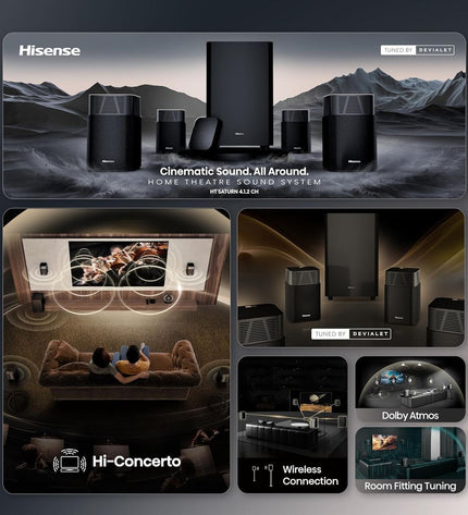 Hisense HT SATURN black soundbar for audio and hi-fi, with sleek design and multiple speaker drivers.