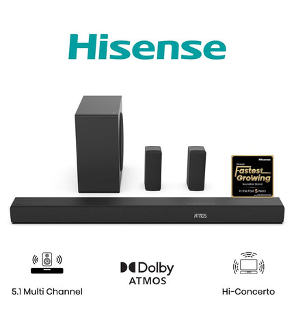 Hisense AX5100Q soundbar in black with 580W power, modern audio and hi-fi electronics, sleek design, front view.