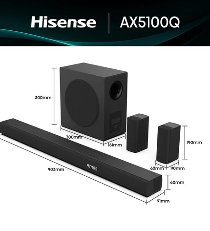 Hisense AX5100Q 580W black soundbar with sleek design, audio and hi-fi equipment for immersive home entertainment.