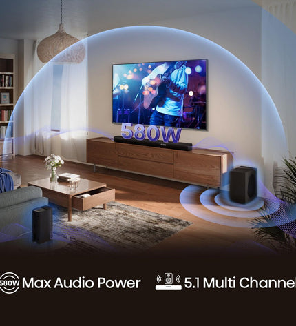 Hisense AX5100Q soundbar in black with sleek design and control buttons, 580W audio for high-quality home sound system.