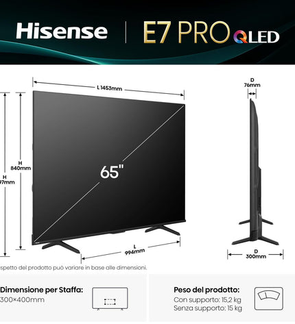 Hisense 65E7Q PRO 4K Ultra HD LED QLED Smart TV with HDR, 65-inch display, sleek black screen, and slim bezels.