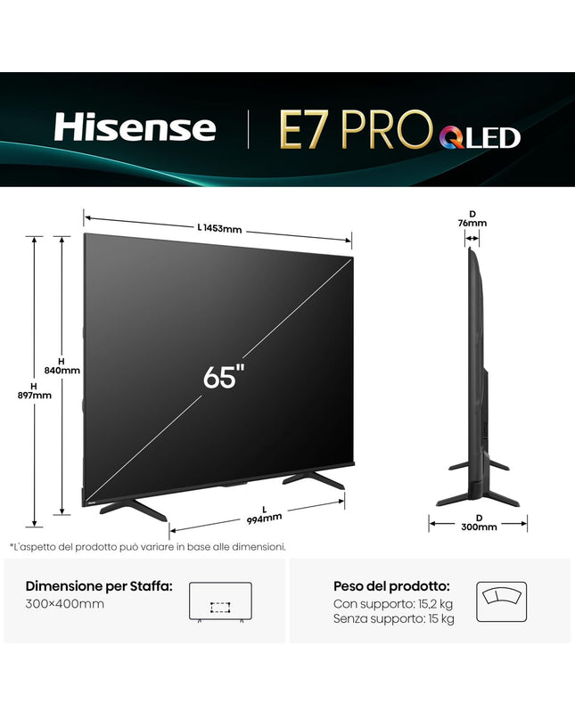 Hisense 65E7Q PRO 4K Ultra HD LED QLED Smart TV with HDR, 65-inch display, sleek black screen, and slim bezels.