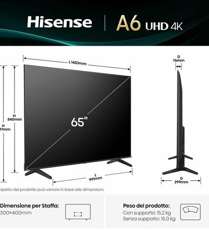 Hisense 65A6Q 65-inch 4K Ultra HD LED Smart TV with HDR and D-LED technology, showcasing a sleek modern screen.