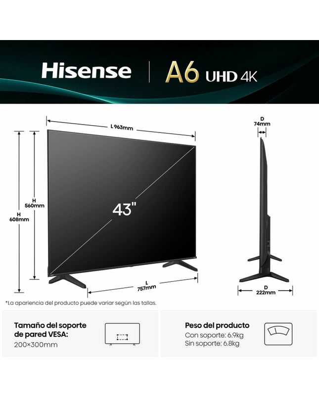 Hisense 43A6Q 43-inch 4K Ultra HD LED Smart TV displaying vibrant home entertainment content.