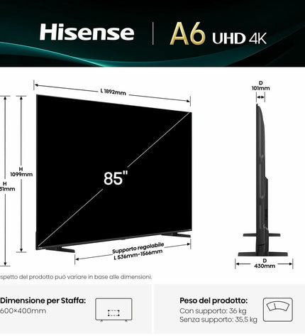 Hisense 85A6Q 85-inch 4K Ultra HD LED Smart TV with HDR for home cinema, sleek black screen and slim bezel design.