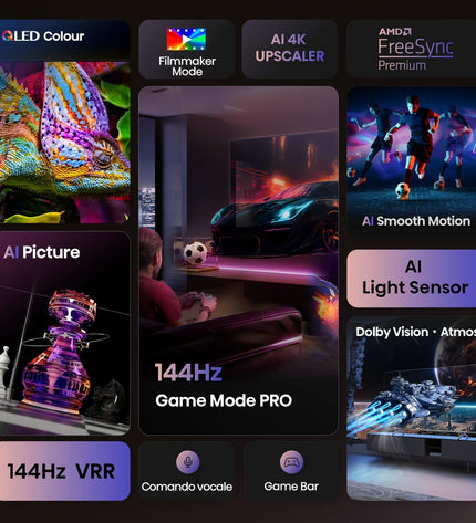 Hisense 85E7Q PRO 4K Ultra HD Smart TV with HDR and QLED display showing vibrant colors in a modern living room setting.