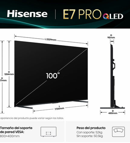 Hisense 100E7Q PRO 4K Ultra HD LED QLED Smart TV displaying vibrant screen with slim bezel, ideal for home entertainment.