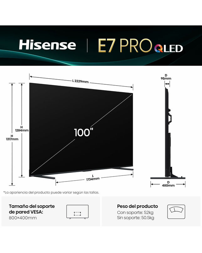 Hisense 100E7Q PRO 4K Ultra HD LED QLED Smart TV displaying vibrant screen with slim bezel, ideal for home entertainment.