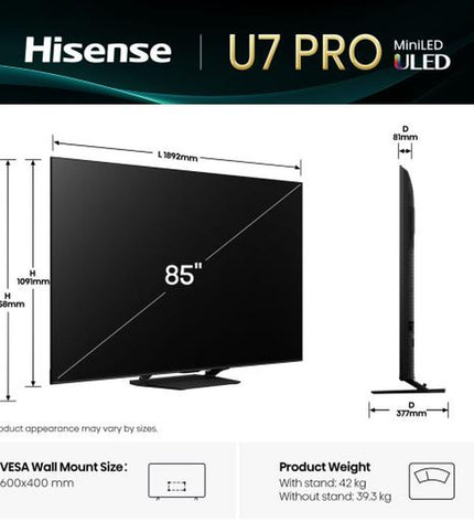 Hisense 85U7Q PRO 85-inch 4K Ultra HD LED Smart TV with HDR, displaying vibrant 4K picture quality and sleek design.