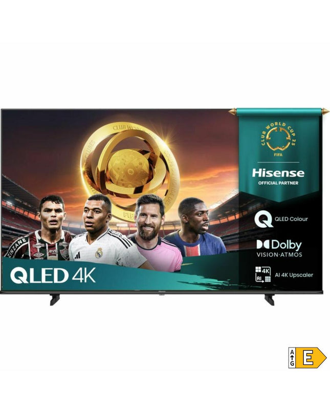Hisense 55E77Q 55-inch 4K Ultra HD HDR QLED smart TV displaying vibrant colors and a sleek black frame.