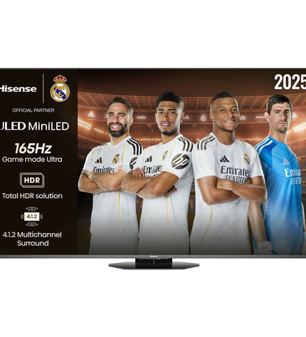 Hisense 55-inch 4K Ultra HD Smart TV with Mini LED display, black finish, gaming features, and Dolby Atmos sound system.