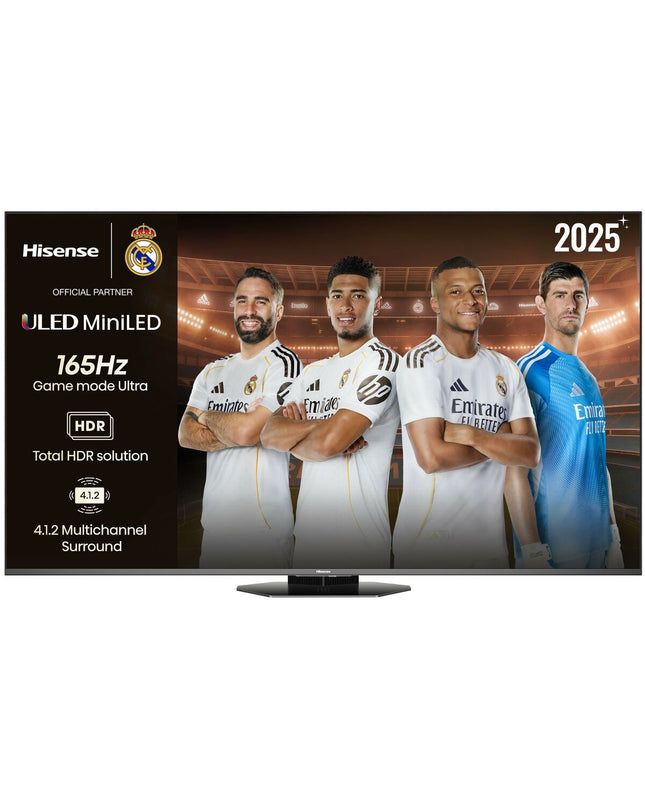 Hisense 55-inch 4K Ultra HD Smart TV with Mini LED display, black finish, gaming features, and Dolby Atmos sound system.