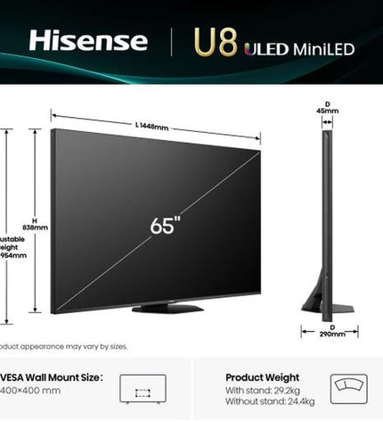 Hisense 65U8Q 65-inch 4K Ultra HD LED Smart TV with HDR, sleek screen displaying vibrant colors and modern design