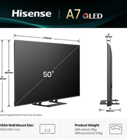 Hisense 50A7Q 4K Ultra HD LED smart TV displaying vibrant images on a modern screen, with slim black bezel and built-in HDR.