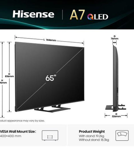 Hisense 65A7Q 65-inch 4K Ultra HD LED Smart TV with HDR and QLED display, showcasing a vibrant, high-resolution screen.