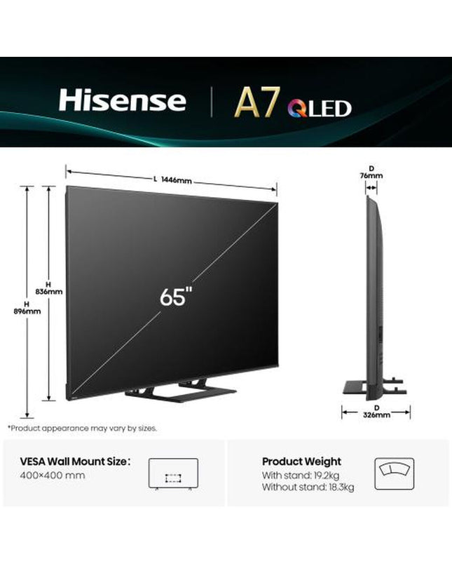 Hisense 65A7Q 65-inch 4K Ultra HD LED Smart TV with HDR and QLED display, showcasing a vibrant, high-resolution screen.