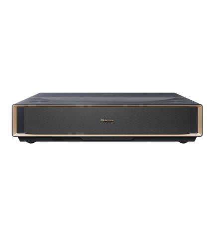 Hisense PT1 4K Ultra HD projector displaying vibrant image, electronic home theater device with 3840x2160 resolution.