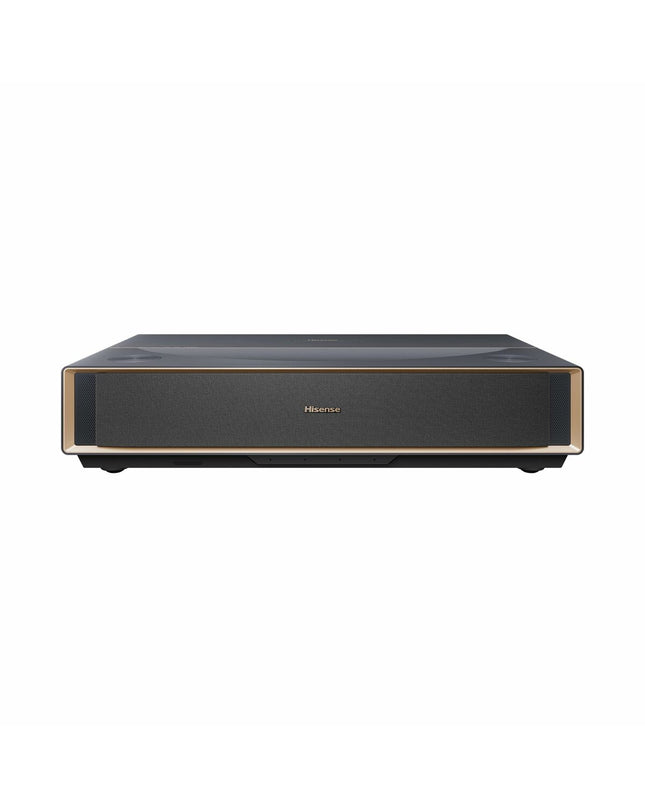 Hisense PT1 4K Ultra HD projector displaying vibrant image, electronic home theater device with 3840x2160 resolution.