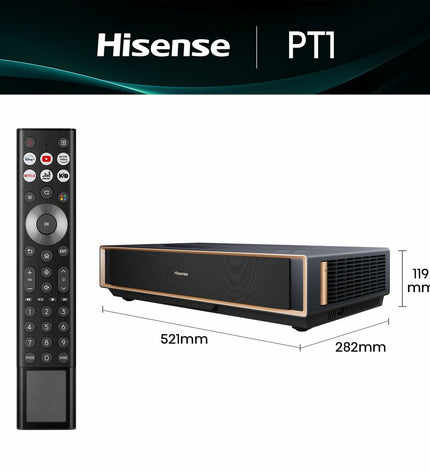 Hisense PT1 4K Ultra HD projector with sleek design, showcasing the lens and front display for home theater setup.
