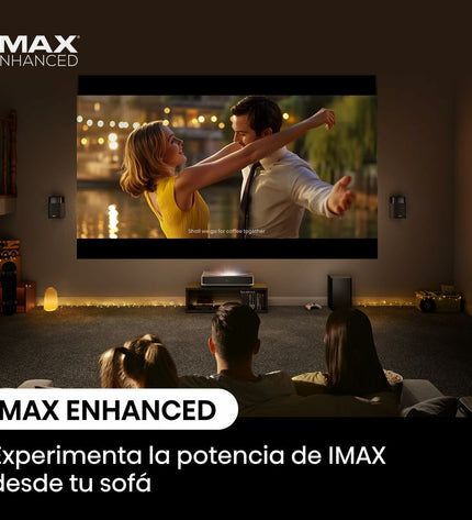 Hisense PT1 4K Ultra HD projector displaying vibrant images on a screen in a home theater setup.