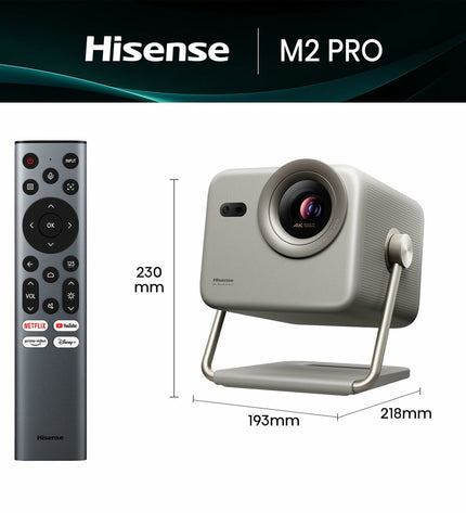Hisense M2 PRO projector showing a vibrant home theater screen with colorful visuals and sleek electronic design