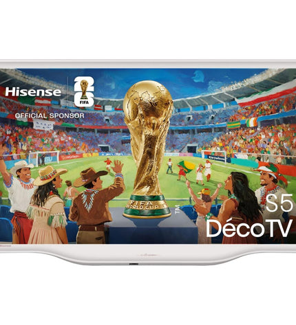 Hisense 32-inch Full HD HDR QLED Smart TV displaying a vibrant screen with a modern black frame.