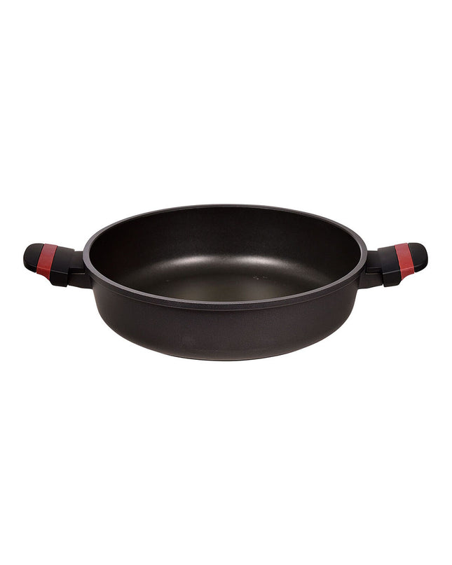 San Ignacio Denia casserole pan with lid, red cast aluminum cookware for home cooking, kitchen utensil, front view