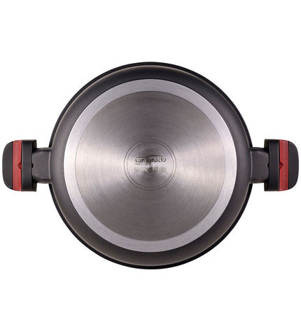Red San Ignacio Denia casserole pan with glass lid, made of cast aluminum, ideal for home cooking and kitchen use.
