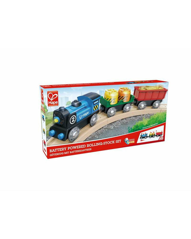 Hape electric train toy from the vehicles category, featuring colorful design and detailed train engine on a wooden track.