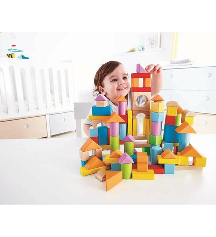 Hape bouwspel met blokken, inclusief 101 onderdelen, op een 27x22x13 cm speeloppervlak, voor creatief speelgoed en bouwen.