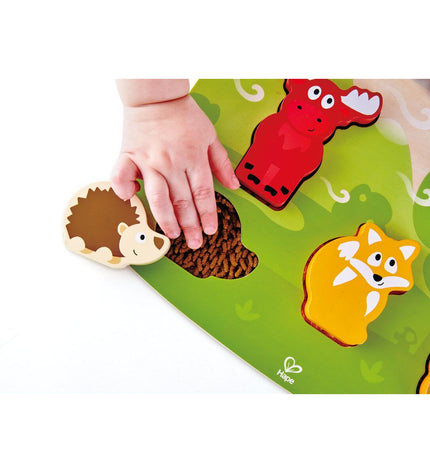 Hape wooden children's puzzle featuring colorful animal shapes and interlocking pieces, designed for young kids' play and learning.