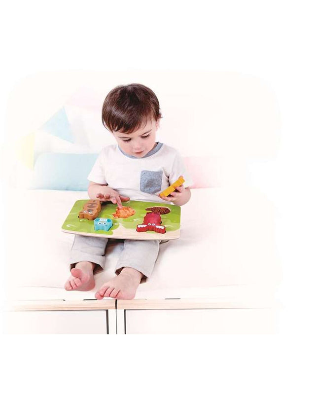 Colorful wooden children's puzzle by Hape featuring animal shapes and bright pieces, designed for early learning and play.