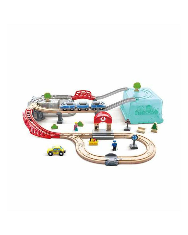 Hape Racebaan toy race track for children, featuring colorful cars and track pieces for imaginative play.