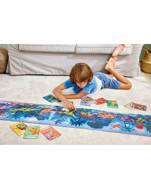 Hape dinosaur puzzle with 200 pieces, 150x30 cm, featuring colorful dinosaur images and detailed interlocking pieces.