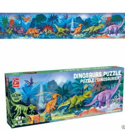 Hape dinosaur puzzle with 150 pieces, measuring 150x30 cm, featuring colorful dinosaur images and detailed illustrations.