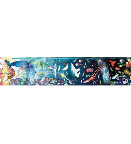 Hape navy puzzle with 150x30cm size and 200 pieces, featuring interlocking wooden components for children’s brain games.