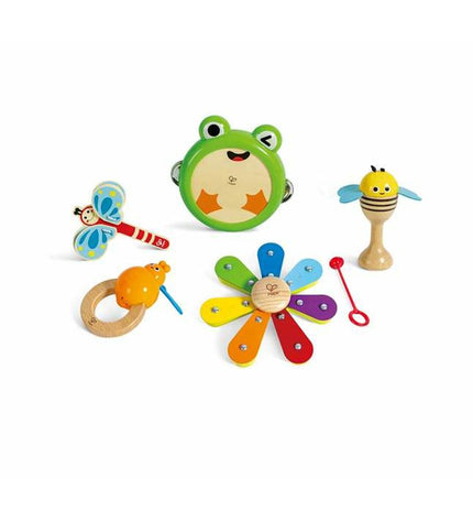 Toybags wooden toy musical instruments set for children, includes colorful drums, tambourine, and xylophone in a playful toy bag.