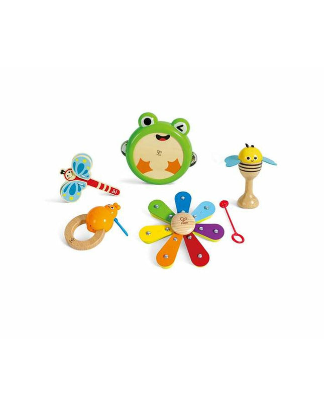 Toybags wooden toy musical instruments set for children, includes colorful drums, tambourine, and xylophone in a playful toy bag.