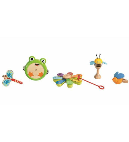 Toybags wooden toy musical instruments set for children, including colorful drums, tambourine, and maracas on a play mat.