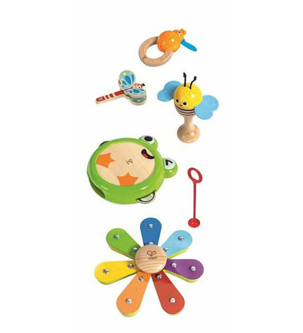 Toybags wooden toy musical instrument set for children, includes colorful small percussion instruments and musical toys.
