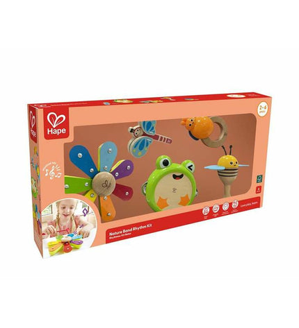Toybags wooden toy music instruments set for children, includes colorful drums, tambourine, and xylophone for kids' play and learning.