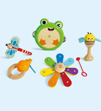 Toybags wooden toy music instruments set for children, includes colorful drums, xylophones, and percussion toys for kids' playtime.