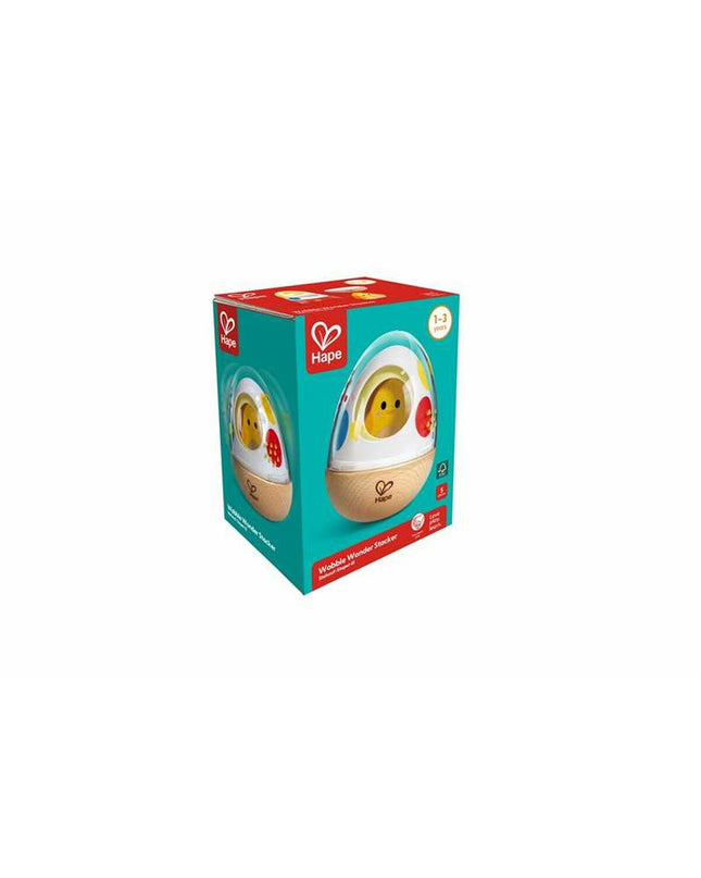 Hape baby toy with five colorful wooden pieces designed for young children to play and develop motor skills.