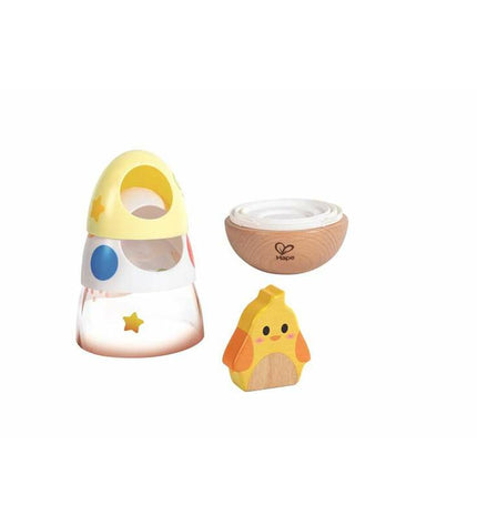 Hape baby toy with five colorful wooden pieces for young children, designed for early learning and play.